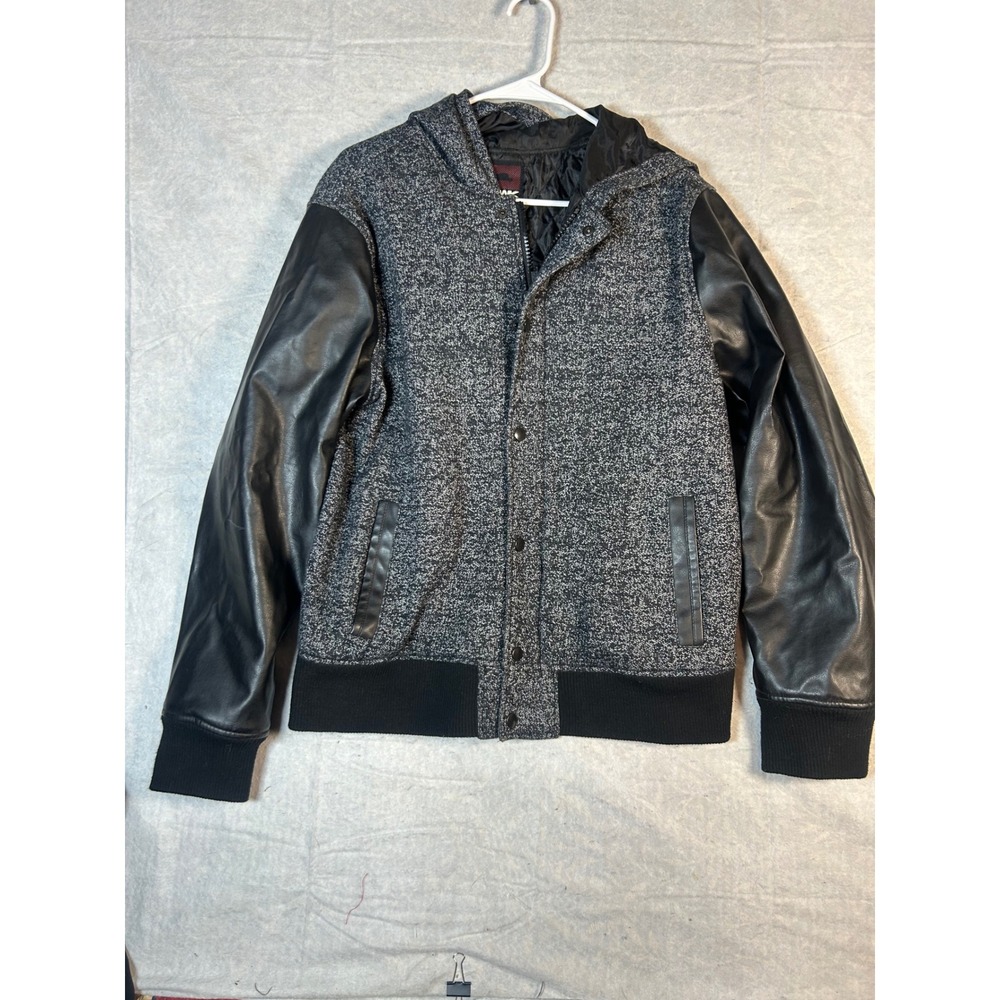 Hawk Mens Hooded Bomber Jacket Faux Leather Sleeves Grey Black Size Large